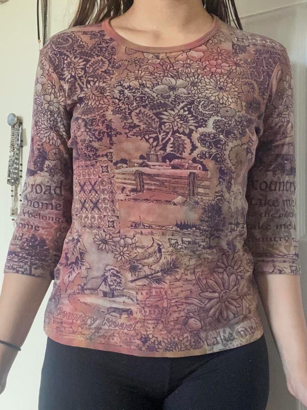 Scenic Floral Print Long Sleeve Tee - Mauve Pink